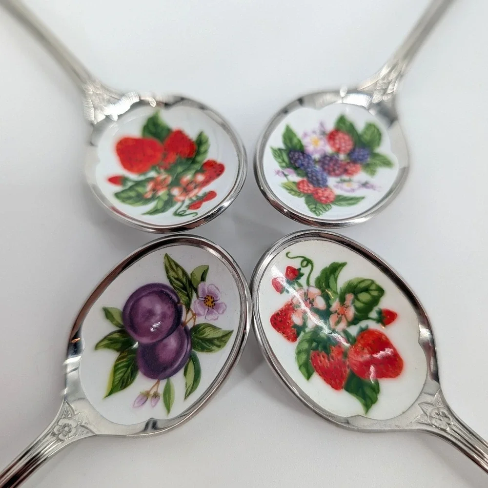 Avon Vintage Demitasse Jam Spoons Set of 4 Fruit Porcelain Inlay Stainless Japan